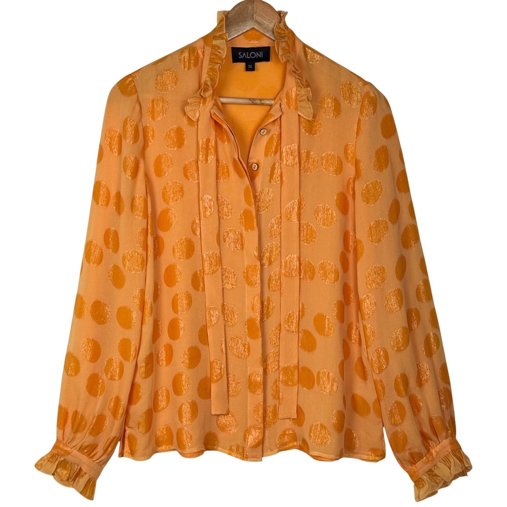 Saloni Silk Blend Blouse Polka Dot Tie Neck Ruffle Women US 0 Orange Luxury Chic